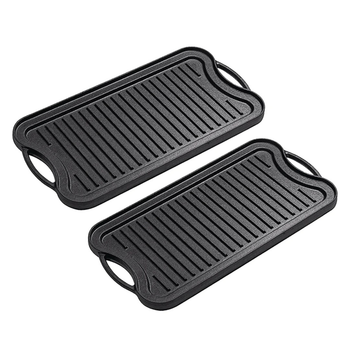 2X 50.8cm Cast Iron Ridged Griddle Hot Plate Grill Pan BBQ Stovetop image
