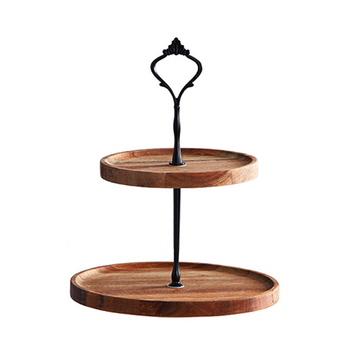 15cm 2 Tier Brown Round Wooden Acacia Dessert Tray Cake Snacks Cupcake Stand Buffet Serving Countertop Decor image