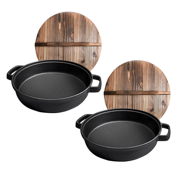2X 31cm Round Cast Iron Pre-seasoned Deep Baking Pizza Frying Pan Skillet with Wooden Lid image