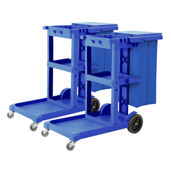 2X 3 Tier Multifunction Janitor Cleaning Waste Cart Trolley and Waterproof Bag Blue image