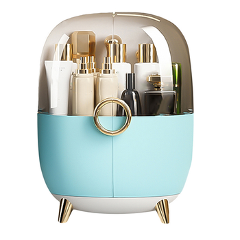 Blue Transparent Countertop Makeup Organiser Cosmetic Storage Waterproof Dustproof Bathroom Skincare Holder with Lid image