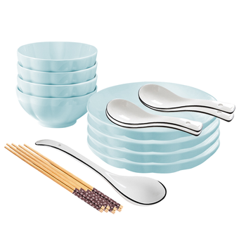 Light Blue Japanese Style Ceramic Dinnerware Crockery Soup Bowl Plate Server Kitchen Home Decor Set of 8 image