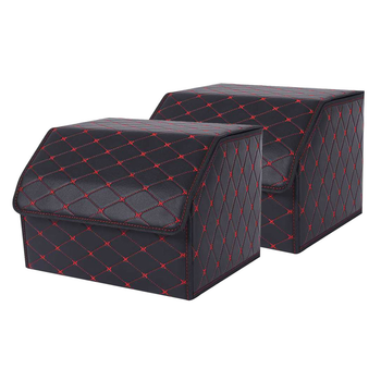 2X Leather Car Boot Collapsible Foldable Trunk Cargo Organizer Portable Storage Box Black/Red Stitch Medium image