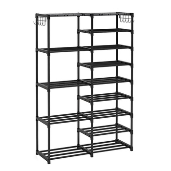 16-Shelf Tier Shoe Storage Shelf Space-Saving Caddy Rack Organiser with Side Hooks Black image