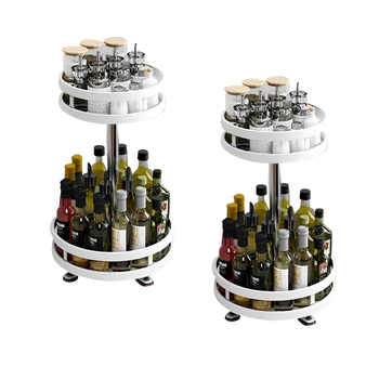 2X 2 Tier Steel White Round Rotating Multi-Function Kitchen Portable Storage Spice Seasoning Kitchen Countertop Organiser Shelf image