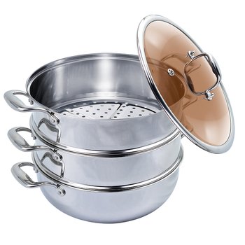 3 Tier 32cm Heavy Duty Stainless Steel Food Steamer Vegetable Pot Stackable Pan Insert with Glass Lid image