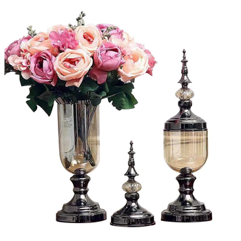 2X Clear Glass Flower Vase with Lid and Pink Flower Filler Vase Black Set image