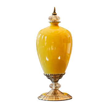 42.50cm Ceramic Oval Flower Vase with Gold Metal Base Yellow image