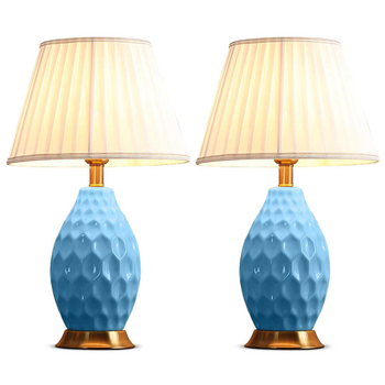 2X Textured Ceramic Oval Table Lamp with Gold Metal Base Blue image