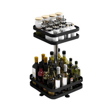 2 Tier Steel Black Square Rotating Multi-Function Kitchen Portable Storage Spice Seasoning Kitchen Countertop Organiser Shelf image