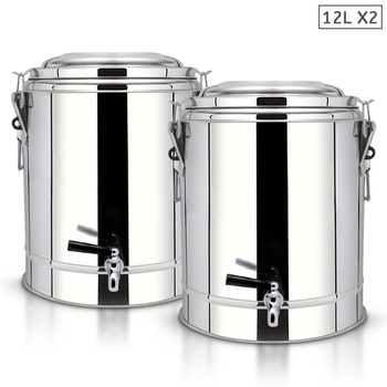 2X 12L Stainless Steel Insulated Stock Pot Dispenser Hot & Cold Beverage Container With Tap image