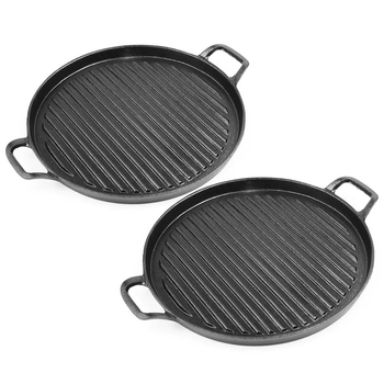 2X 28cm Ribbed Cast Iron Frying Pan Skillet Coating Steak Sizzle Platter image