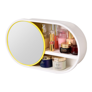 39cm Oval Wall-Mounted Mirror Storage Box Vanity Mirror Rack Bathroom Adhesive Shelf Home Organiser Decor image