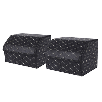 2X Leather Car Boot Collapsible Foldable Trunk Cargo Organizer Portable Storage Box Black/Gold Stitch Medium image