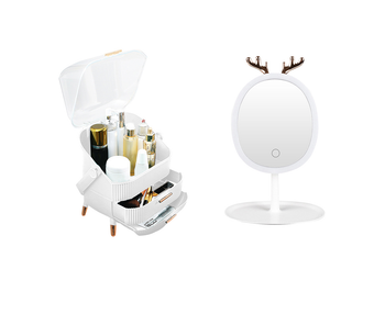 White Cosmetic Jewelry Storage Organiser with Antler LED Light Mirror Tabletop Vanity Set image