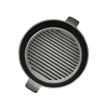 25cm Round Ribbed Cast Iron Frying Pan Skillet Steak Sizzle Platter with Handle image