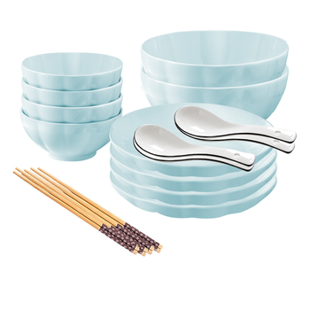 Light Blue Japanese Style Ceramic Dinnerware Crockery Soup Bowl Plate Server Kitchen Home Decor Set of 10 image