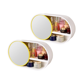 2X 39cm Oval Wall-Mounted Mirror Storage Box Vanity Mirror Rack Bathroom Adhesive Shelf Home Organiser Decor image