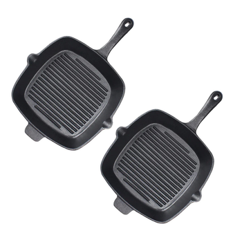 2X 26cm Square Ribbed Cast Iron Frying Pan Skillet Steak Sizzle Platter with Handle image