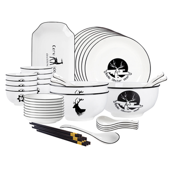 White Antler Printed Ceramic Dinnerware Set Crockery Soup Bowl Plate Server Kitchen Home Decor Set of 28 image
