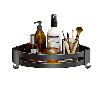 Black Wall-Mounted Triangular Bathroom Storage Corner Vanity Organiser Space Saving Adhesive Shelf Rack with Hooks image