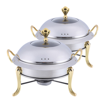 2X Stainless Steel Gold Accents Round Buffet Chafing Dish Cater Food Warmer Chafer with Glass Top Lid image