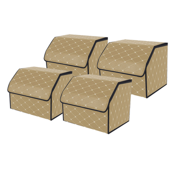 4X Leather Car Boot Collapsible Foldable Trunk Cargo Organizer Portable Storage Box Beige/Gold Stitch Small image