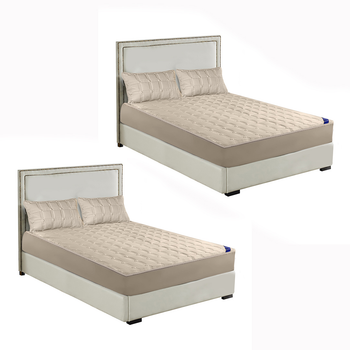 2X Beige 153cm Wide Mattress Cover Thick Quilted Stretchable Bed Spread Sheet Protector with Pillow Covers image