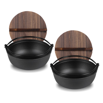 2X 25cm Cast Iron Japanese Style Sukiyaki Tetsu Nabe Shabu Hot Pot with Wooden Lid image