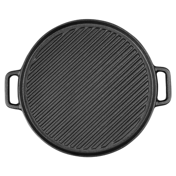 30cm Round Cast Iron Ribbed BBQ Pan Skillet Steak Sizzle Platter with Handle image
