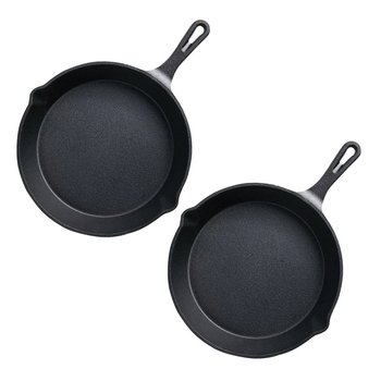 2X 26cm Round Cast Iron Frying Pan Skillet Steak Sizzle Platter with Handle image