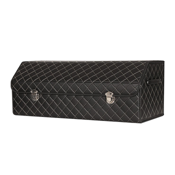 Leather Car Boot Collapsible Foldable Trunk Cargo Organizer Portable Storage Box Black/White Stitch with Lock Large image