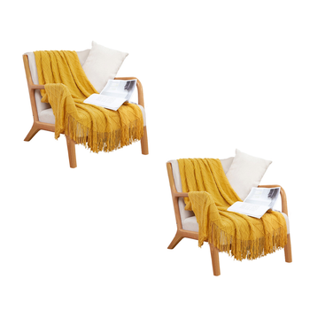 2X Yellow Diamond Pattern Knitted Throw Blanket Warm Cozy Woven Cover Couch Bed Sofa Home Decor with Tassels image