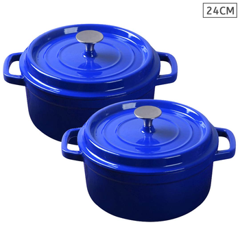 2X Cast Iron 24cm Enamel Porcelain Stewpot Casserole Stew Cooking Pot With Lid Blue image