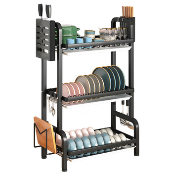 3 Tier 62cm Steel Black Kitchen Countertop Drying Rack Dish Plate Cutlery Cutting Board Holder Dish Drainer Kitchen Organiser image