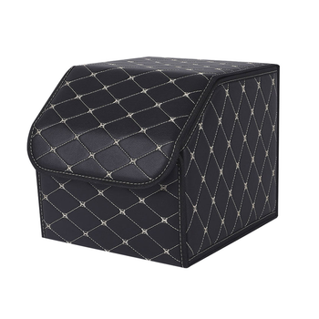 Leather Car Boot Collapsible Foldable Trunk Cargo Organizer Portable Storage Box Black/Gold Stitch Small image
