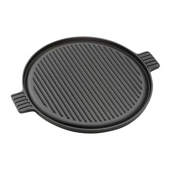 43cm Round Ribbed Cast Iron Frying Pan Skillet Steak Sizzle Platter with Handle image