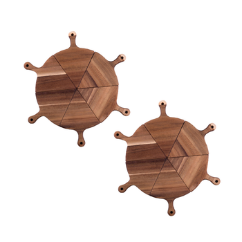 2X 6 pcs Brown Round Divisible Wood Pizza Server Food Plate Board Pizza Paddle Cutting Board Home Decor image