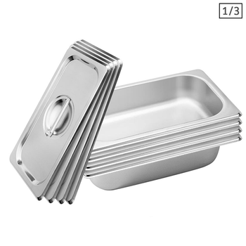 4X Gastronorm GN Pan Full Size 1/3 GN Pan 6.5 cm Deep Stainless Steel Tray With Lid image