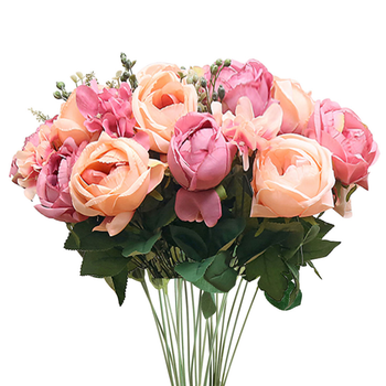 3pcs Artificial Silk with 15 Heads Flower Fake Rose Bouquet Table Decor Pink image