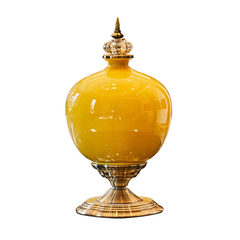 38.50cm Ceramic Oval Flower Vase with Gold Metal Base Yellow image
