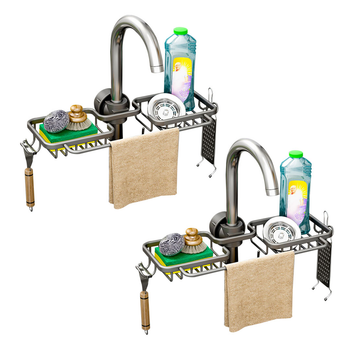 2XDark Grey Kitchen Sink Organiser Faucet Soap Sponge Caddy Rack Drainer with Towel Bar Holder image