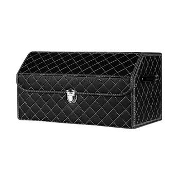 Leather Car Boot Collapsible Foldable Trunk Cargo Organizer Portable Storage Box Black/White Stitch with Lock Medium image