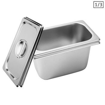 2X Gastronorm GN Pan Full Size 1/3 GN Pan 15cm Deep Stainless Steel Tray With Lid image