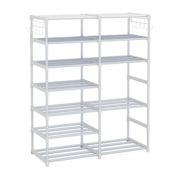 12-Shelf Tier Shoe Storage Shelf Space-Saving Caddy Rack Organiser with Side Hooks White image