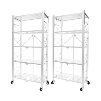 2X 5 Tier Steel White Foldable Display Stand Multi-Functional Shelves Portable Storage Organizer with Wheels image