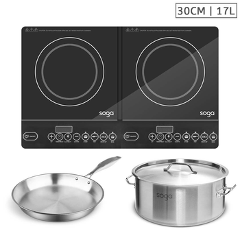 Dual Burners Cooktop Stove, 17L Stainless Steel Stockpot 28cm and 30cm Induction Fry Pan image