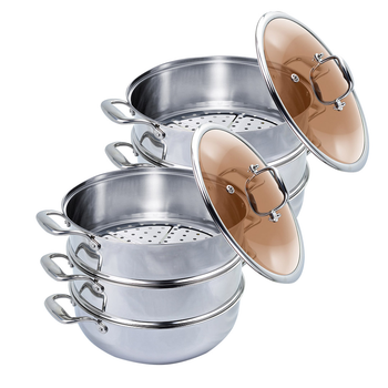 2X 3 Tier 26cm Heavy Duty Stainless Steel Food Steamer Vegetable Pot Stackable Pan Insert with Glass Lid image