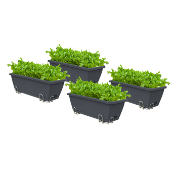 49.5cm Black Rectangular Planter Vegetable Herb Flower Outdoor Plastic Box with Holder Balcony Garden Decor Set of 4 image