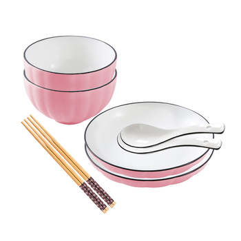 Pink Japanese Style Ceramic Dinnerware Crockery Soup Bowl Plate Server Kitchen Home Decor Set of 4 image